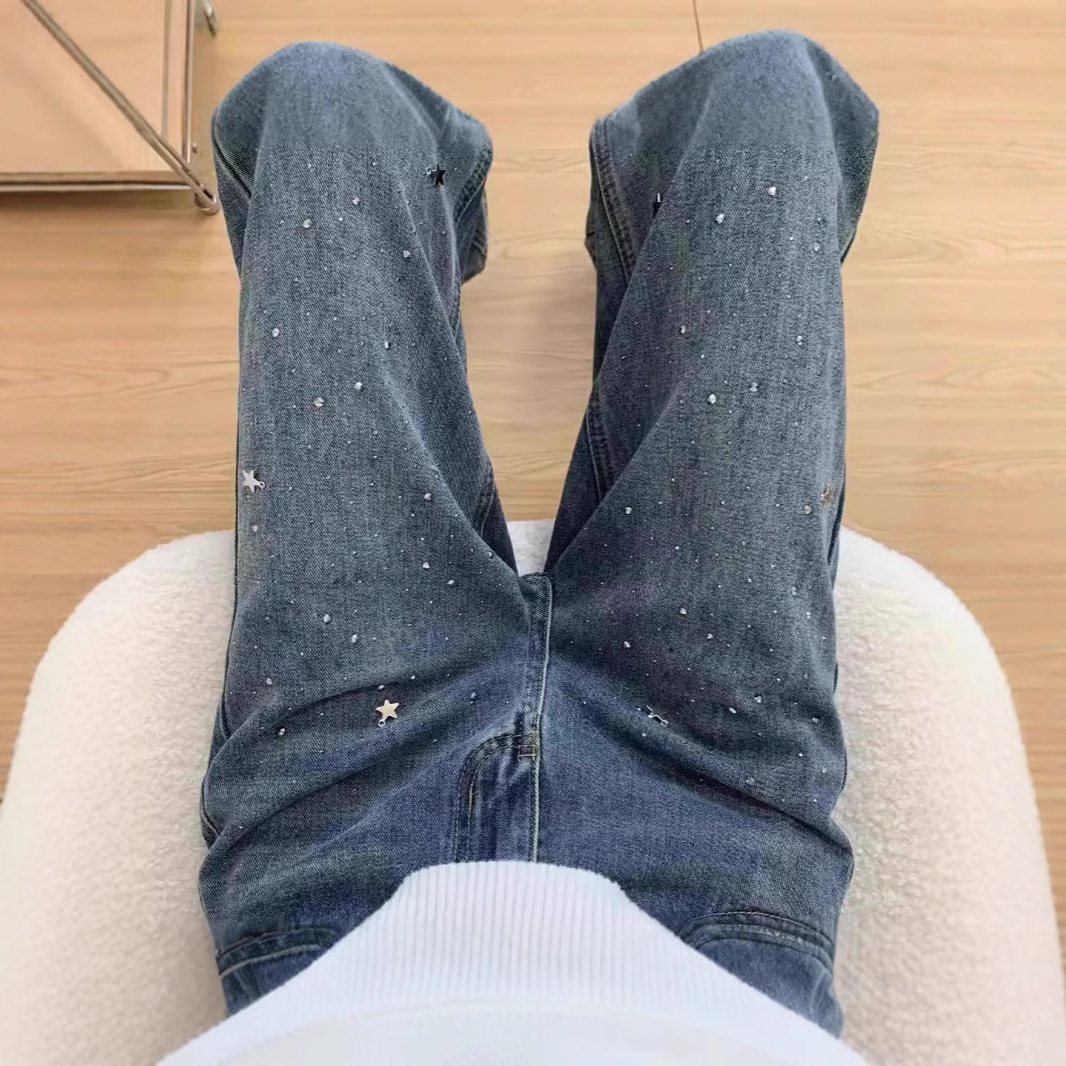 Light Blue Narrow Wide Leg Jeans Straight Spring - Image 2