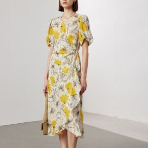 Women's Stomach Blanket-style Lace Printing Short-sleeved Silk Dress