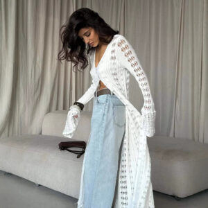 European And American Hot Girl Hollow Knitted Cardigan Bandage Dress Solid Color Long Sleeve V-neck Solid Color Top