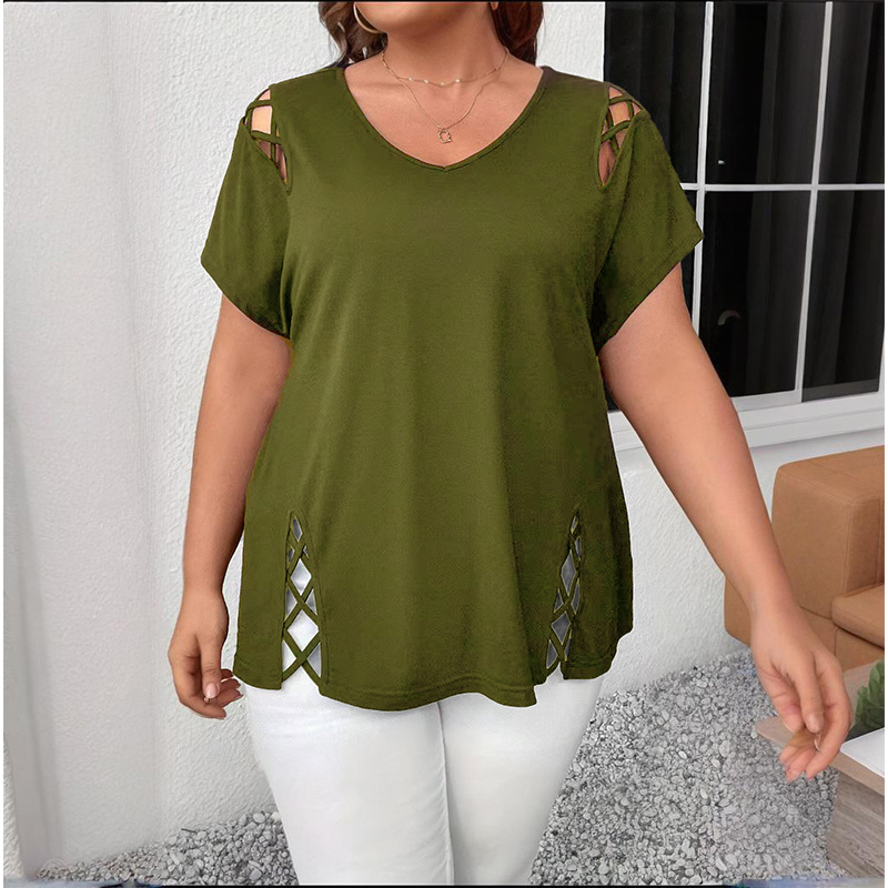 Women's Plus Size Criss Cross Short Sleeve V Neck T-Shirt Tops - Image 2