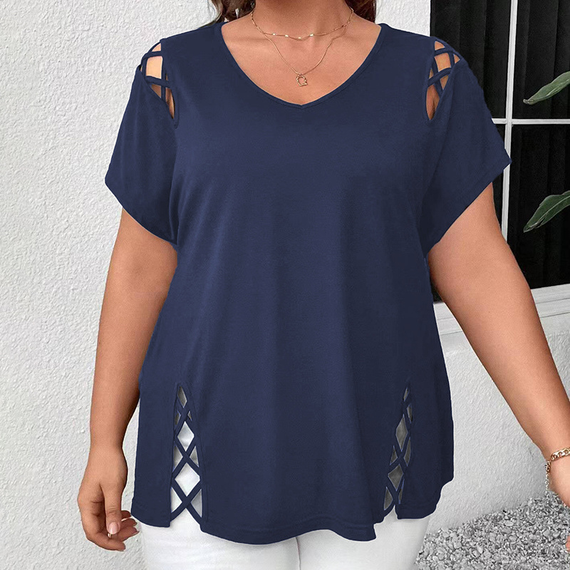 Women's Plus Size Criss Cross Short Sleeve V Neck T-Shirt Tops - Image 3