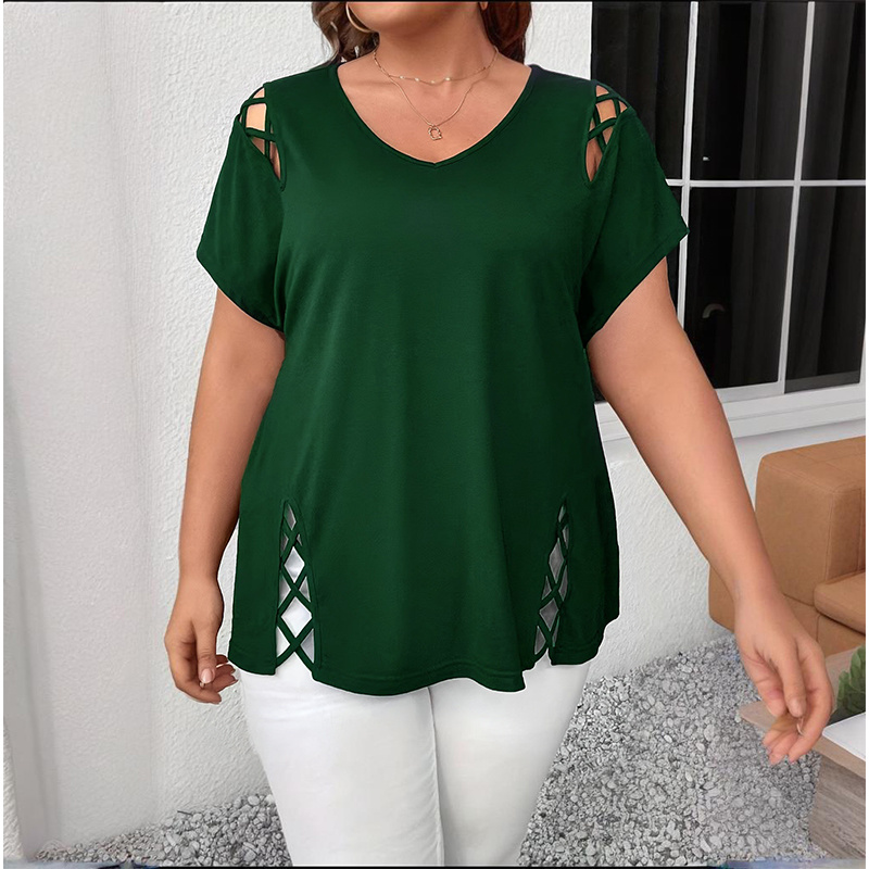 Women's Plus Size Criss Cross Short Sleeve V Neck T-Shirt Tops - Image 6
